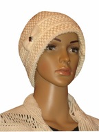 czapka ciepła ecru z kokardką i kamieniem, uniwersalna, nowa