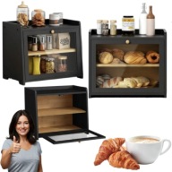 CHLEBAK DREWNIANY BAMBUSOWY DUŻY DWUPOZIOMOWY Z PÓŁKA SZAFKA CZARNY BAMBUS