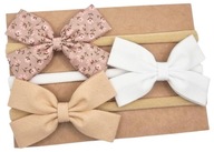 Opaski kokardki komplet dla dziewczynki beż koronka kwiatuszki i biała