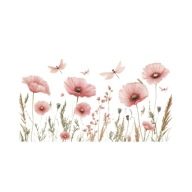 NAKLEJKI NA ŚCIANĘ - KWIATY RÓŻOWE MAKI ZIELONE ŁODYGI WAŻKI KUBKI MAK