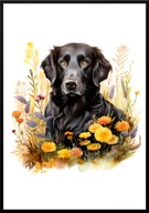 A2 PLAKAT PIES W KWIATACH RASA FLAT COATED RETRIEVER
