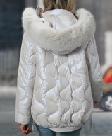 Kurtka puchowa pikowana damska z kapturem futerko czarna złota biała LUX