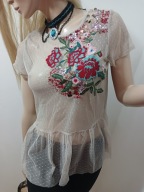 M_a_r_k_s&S_p_e_n_c_e_r tiulowa siateczkowa beżowa bluzka z haftem L