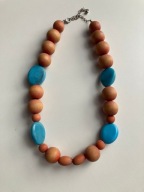 VINTAGE NASZYJNIK DREWNIANE KORALE Z TURKUSOWYMI NIEPRAWDZIWYMI KAMIENIAMI