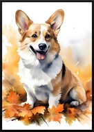 A2 59,4x42 PLAKAT OBRAZ PIES CORGI WELSH CORGI, JESIEŃ AKWARELA LIŚCIE