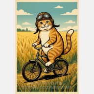 Kot na rowerze obraz na płótnie 55x80 kot rower pole wieś plakat rysunek