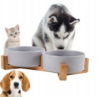 PODWÓJNA MISKA CERAMICZNA GERDA 400ML SZARA DREWNIANA PODSTAWA DLA PSA KOTA