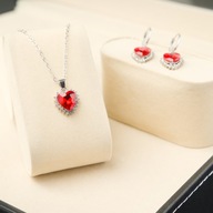 Srebrny Komplet Biżuterii Serca Rubinowa Czerwień Naszyjnik Kolczyki 925