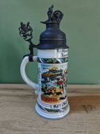 Duży Stylowy Kufel Ceramiczny z Cynową Pokrywką Piwo Bawaria Niemc