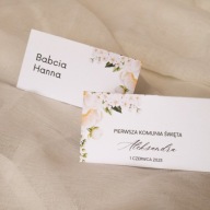 Winietki na PIERWSZĄ KOMUNIĘ ŚWIĘTĄ personalizowane białe kwiaty
