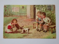 Dzieci bawią się z pieskiem - projekt W. Fialkowska - poczt. wysłana w 1929