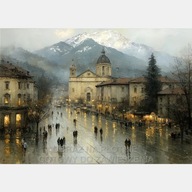 Stare miasto ulica góry ludzie brąz abstrakcja obraz olejny 58x85 płótno