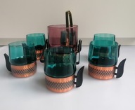 ZESTAW 6 SZKLANEK I NACZYNIE DO LODU KOLOROWE SZKŁO ORAZ MIEDŹ VINTAGE