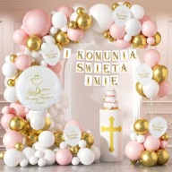 BALONY PIERWSZA KOMUNIA ŚWIĘTA RÓŻOWE BIAŁE ZŁOTE GIRLANDA BALONOWA BANER