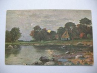 KSIĘŻYC NAD STAWEM CHATY przedwojenna POCZTÓWKA