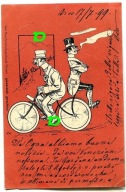 Pocztówka stary rower i panowie, 1899r. obieg poczt., humor