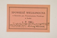 ŁÓDŹ KARTKA DO SPOWIEDZI 1942 r. KOŚCIÓŁ PRZEMIENIENIA PAŃSKIEGO