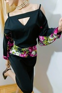 VERA LUCA czarna midi sukienka rozcinane rękawy W KWIATY retro vintage XXL