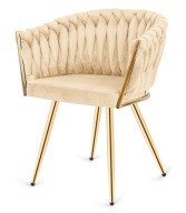 Fotel Lugano welur beżowy Krzesło warkocz Glamour do salonu złote nogi