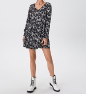 House Czarna Sukienka w Kwiatki – Rozkloszowana, Długi Rękaw, Rozmiar 36 S