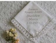 Chusteczka komunijna biała ze srebrną wstążeczką, z haftem, personalizowana
