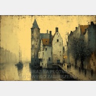 Stare miasto port obraz olejny na płótnie 58x85 brązowy rzeka statek brąz