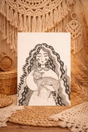 Rysunek tuszem piórkiem obraz na ścianę kot kobieta rękodzieło handmade