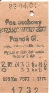 BILET KOLEJOWY -KRAKÓW GŁÓWNY -POZNAŃ GŁÓWNY -OSOBOWY -1986 ROK