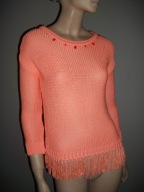 BERSHKA sweter neon pomarańcz frędzle kamyki r. 36