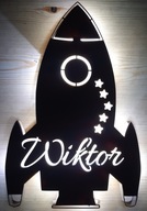 Lampka nocna LED, drewniana,na baterie,rakieta,imienna,7 kolorów, 6 frontów