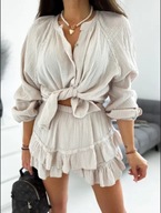 Beżowy muślinowy komplet koszula spódnico-spodenki