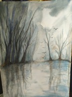 Akwarela, obraz, obrazek, mglisty pejzaż zima