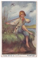 S. Jarocki pastuszek chłopiec gra na piszczałce rzeka jaskółki ok.1910r.