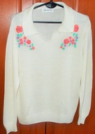 Bluzka swetrowa biała kołnierzyk wykładany wyszywane kwiaty Vintage 38