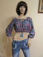 FOLLOW YOUR SOUL bluzka krótka boho folk hippie turkus 70% jedwab _ M