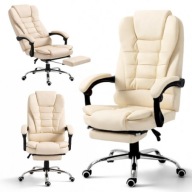 FOTEL BIUROWY OBROTOWY BOSS Z PODNÓŻKIEM KREMOWA SKÓRA