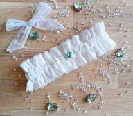 Podwiązka ślubna Cindy śmietanka boho muślin niebieskie serduszko NA WYMIAR