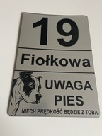 Tabliczka grawerowana srebrna Adresowa numer domu + ulica + uwaga pies