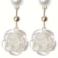 KOLCZYKI KWIATY KAMELIA BIAŁY PERŁOWY VINTAGE KOBIECY PERŁA