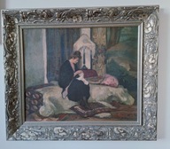 Obraz olejny KOBIETA scena rodzajowa Austria XIX w. SYGNOWANY