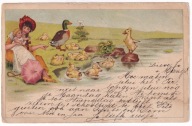 Matka z dzieckiem i kaczka z kaczątkami 1900r. LITOGRAFIA