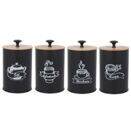 POJEMNIKI KOMPLET KAWA HERBATA CUKIER SÓL CZARNY METALOWY BAMBUS ZESTAW