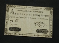 Francja - banknot - asygnata - 5 Livres - 1791 rok podpis Corsel - rzadsza
