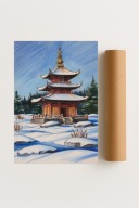 Plakat bez ramy 50x70 cm Pagoda w zimowym krajobrazie – spokój i magia