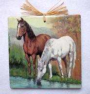 Robótkownia Obrazek kafelek 15x15 Koń konie Dwa konie u wody bia. z pr.