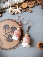 SURF kolczyki z różową lawą białą muszlą drewnem kokosowym BlackberriesArts