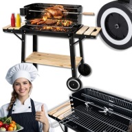 GRILL WĘGLOWY Z ROŻNEM DUŻY OGRODOWY RUSZT NA KÓŁKACH STALOWY Z PÓŁKAMI