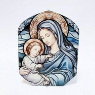 Obraz szklany, sztuczny witraż Maryja z dzieciątkiem, obraz stojący 18x23cm