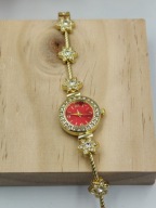 Kurren damski zegarek biżuteryjny złoty z czerwoną tarczą kwiatowy stylowy