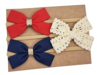 Opaski kokardki zestaw 3 szt czerwona granatowa i beż koronka